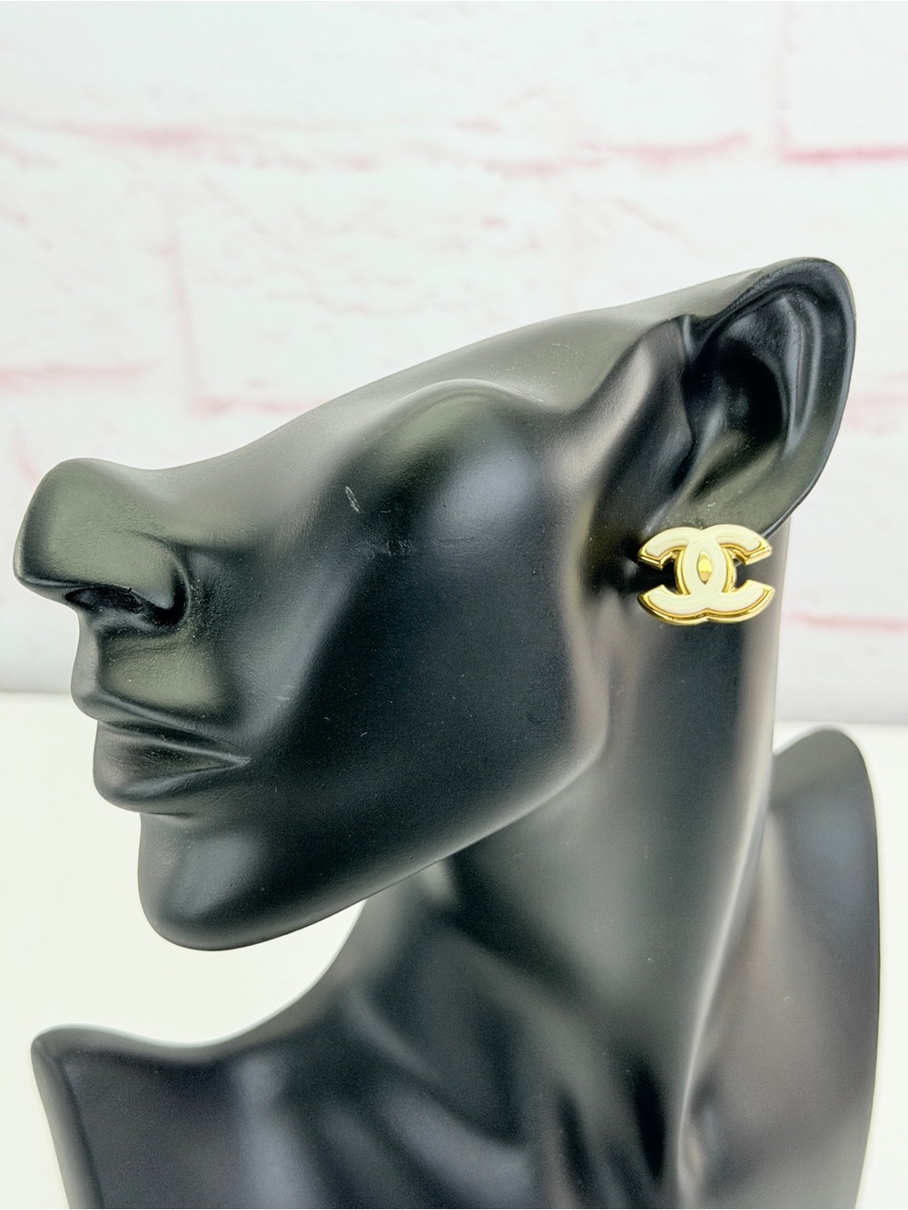 Chanel Coco Mark Motif Stud Earrings White Golden Plastic Gold-plated